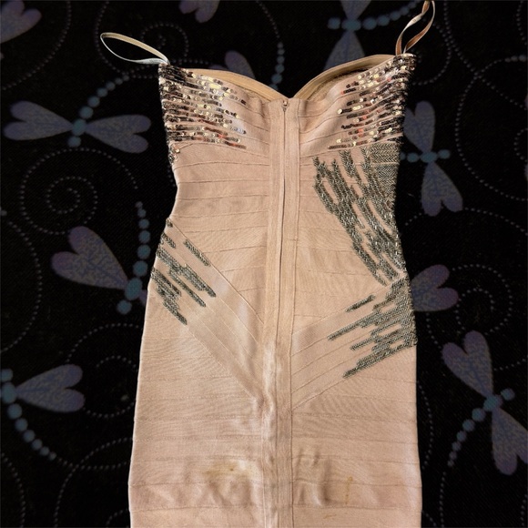 Herve Leger Pink and Gold Strapless Sequin Bandage Dress